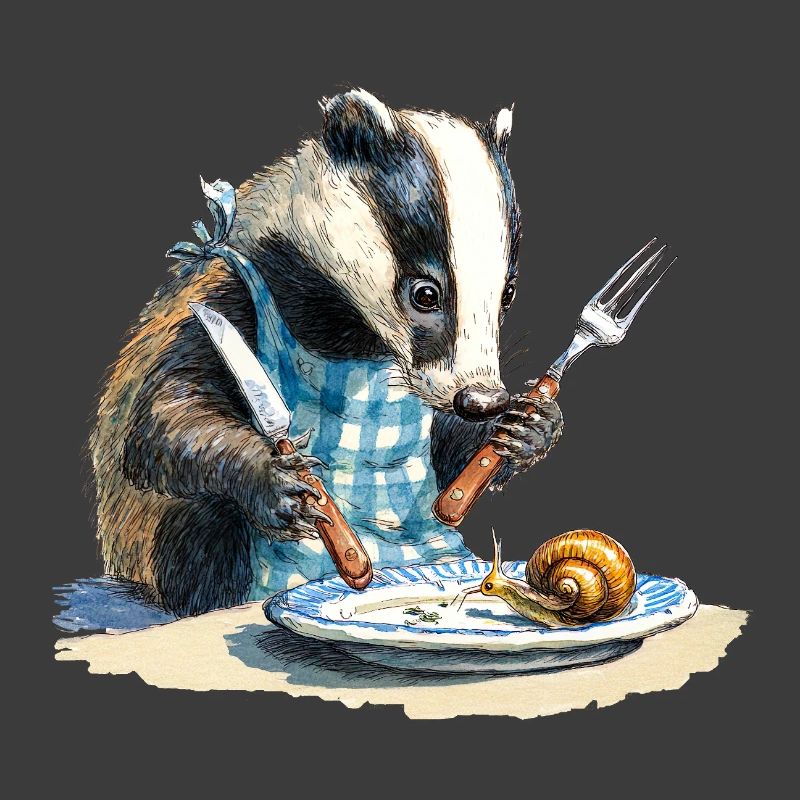 Badger at the table with snail
