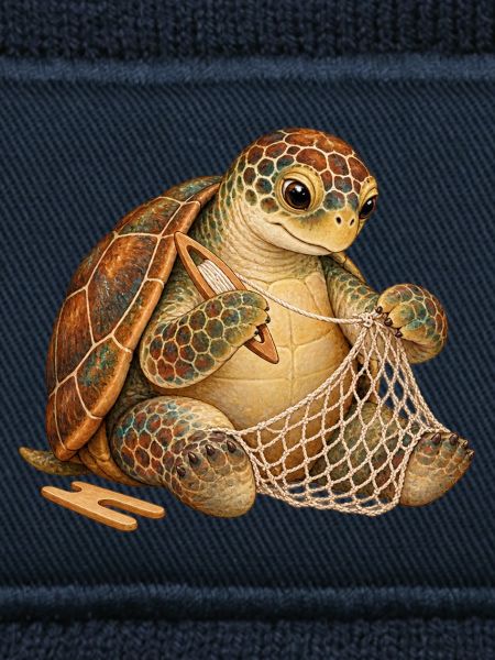 Schildkröte flickt ein Fischernetz