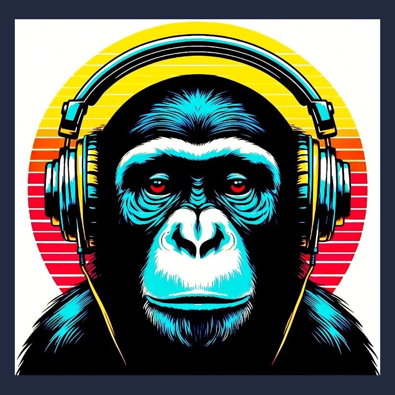 Schimpansenaffe hört Musik mit Kopfhörern