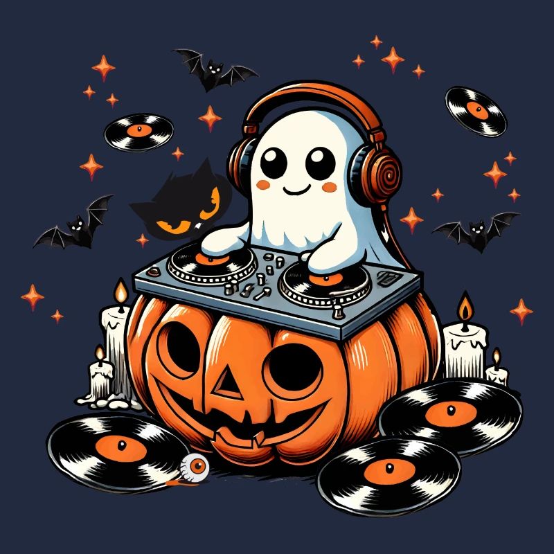 Happy Halloween ghost as a DJ on a pumpkin