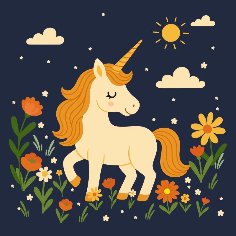 Licorne sur prairie fleurie – Scène joyeuse avec du soleil