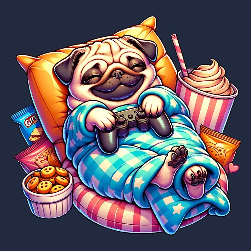 Relaxed Gaming Pug with Snacks