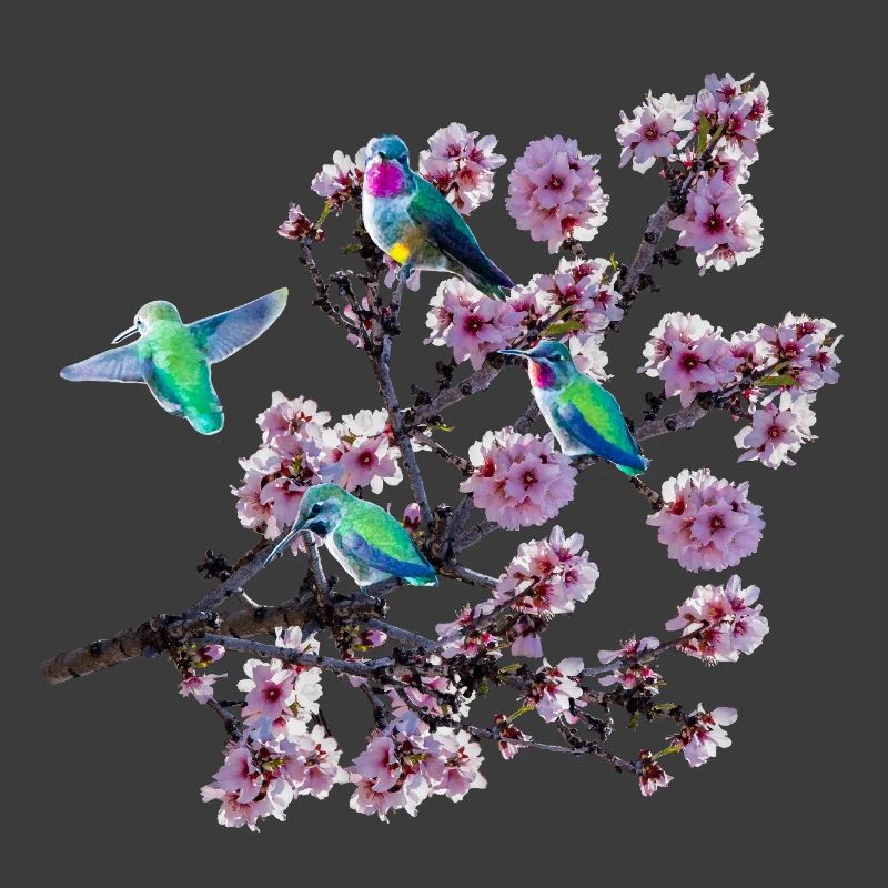 Colibri sous différents angles, fleurs d’amandier