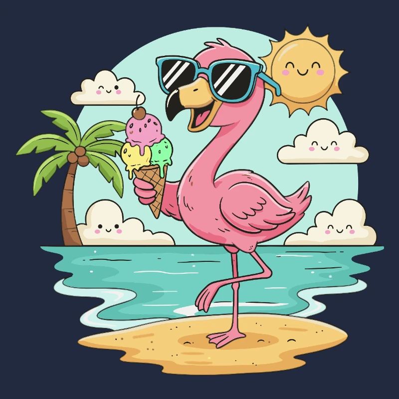 Flamant rose sur la plage avec glace et soleil