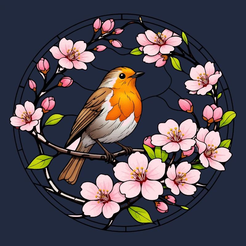 Rotkehlchen mit Kirschblüten Glasfensterstil 