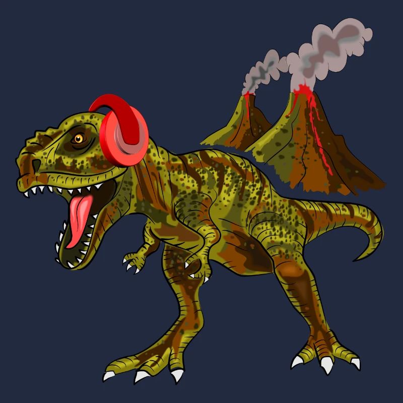 Dinosaurier mit Kopfhörern vor Vulkan