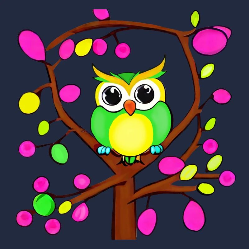 Chouette heureuse dans un arbre multicolore