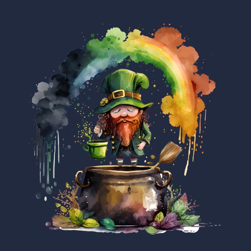 Leprechaun Kobold unter einem Regenbogen