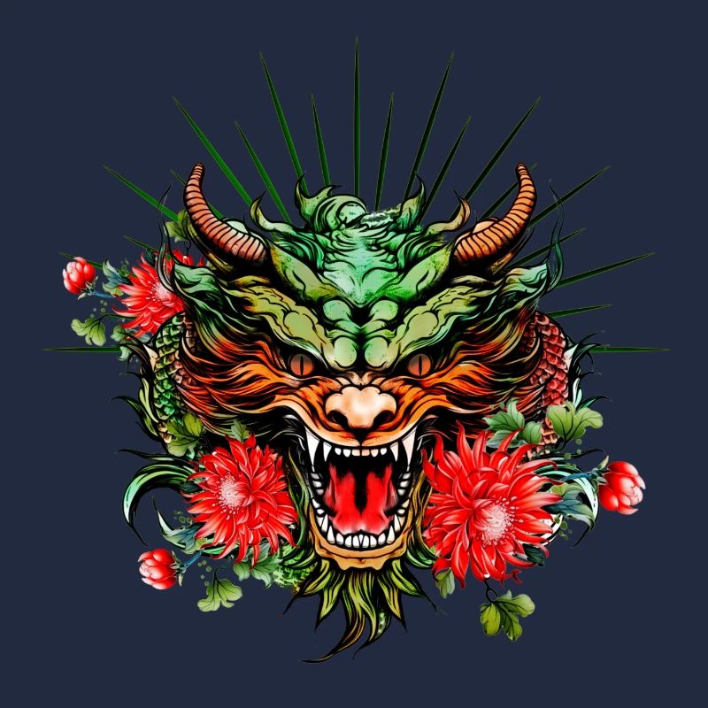 Wunderschöner bunter Drachenkopf mit Blumen.