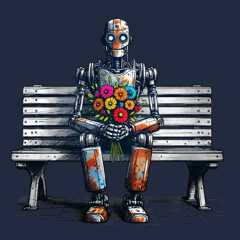Robot Bench Flowers Robot Love Rusty Art