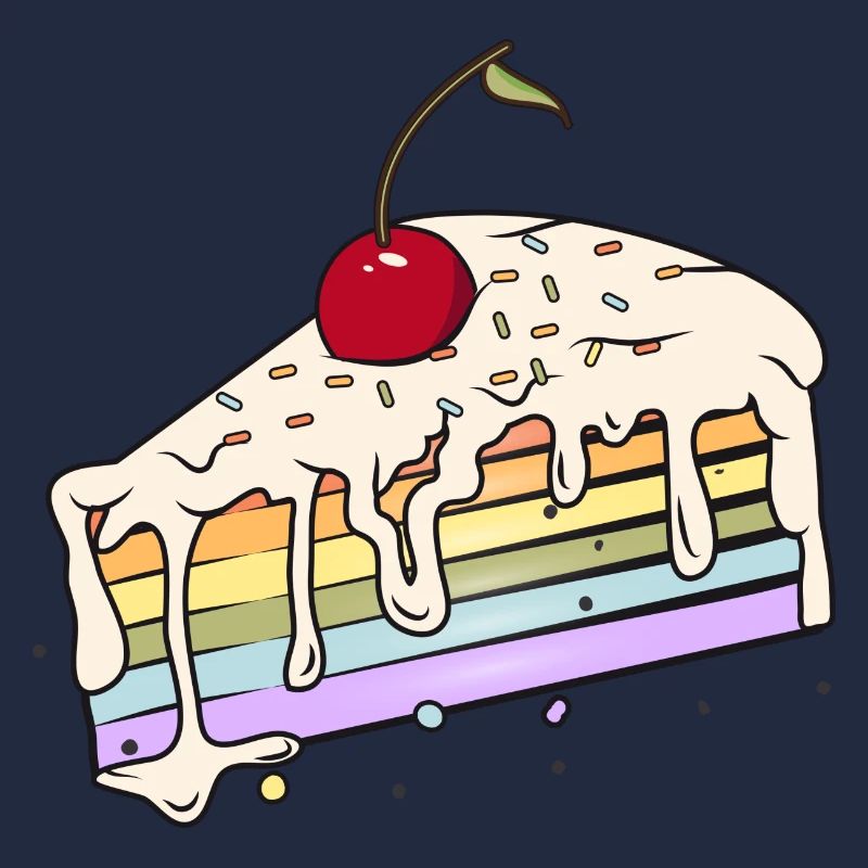 Stück Regenbogen Kuchen mit Kirsche im Comic Stil