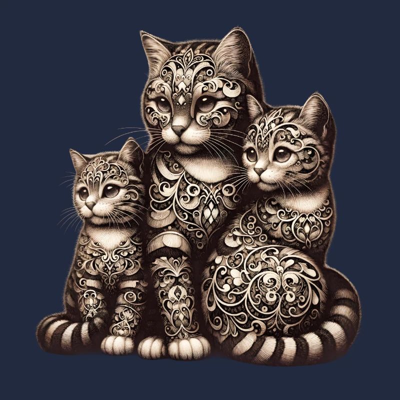decorated cat family with ornate patterns