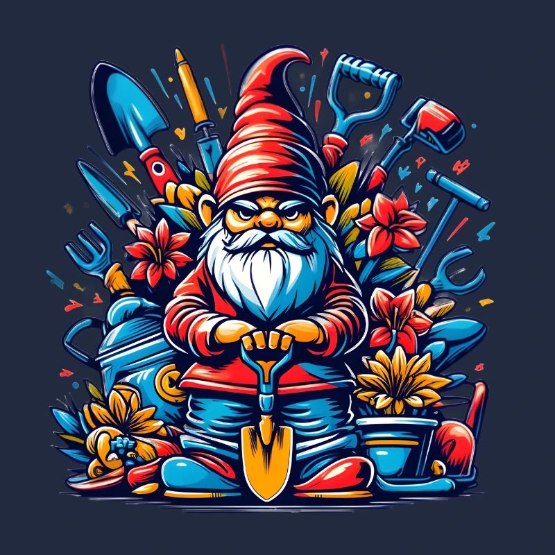 Colorful, grim garden gnome with flowers & tools