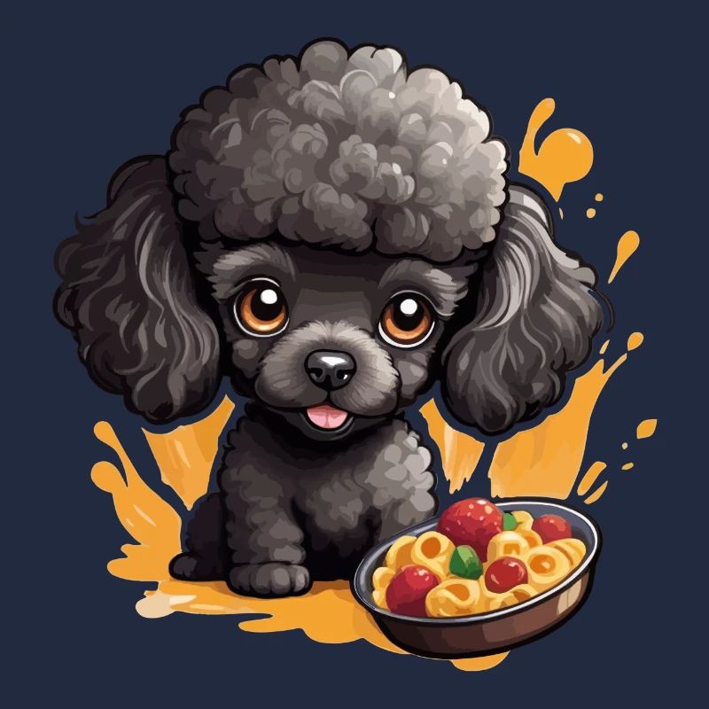 Schwarzer Pudel mit lecker Essen