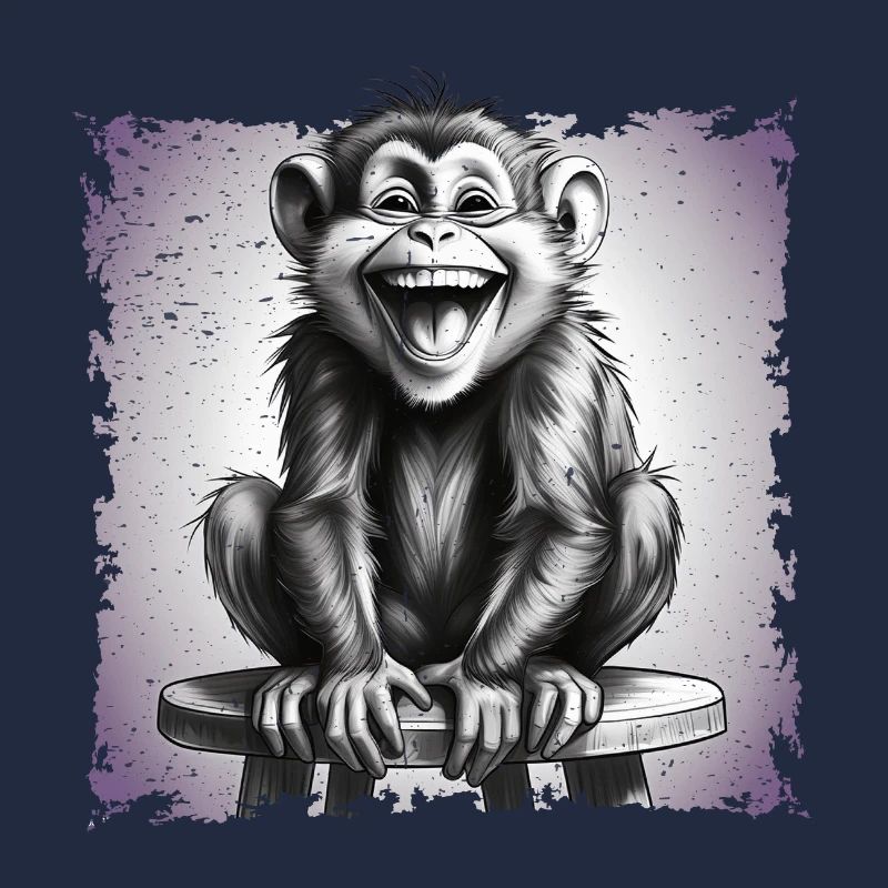 Monkey laughing sitting on stool