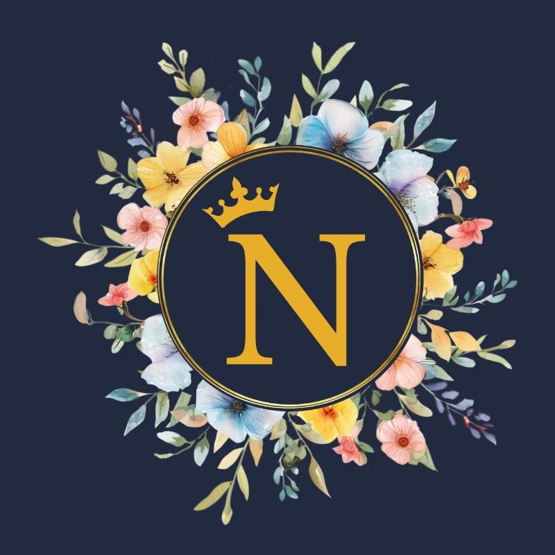 N Monogram, Flower Circle, Personalizable