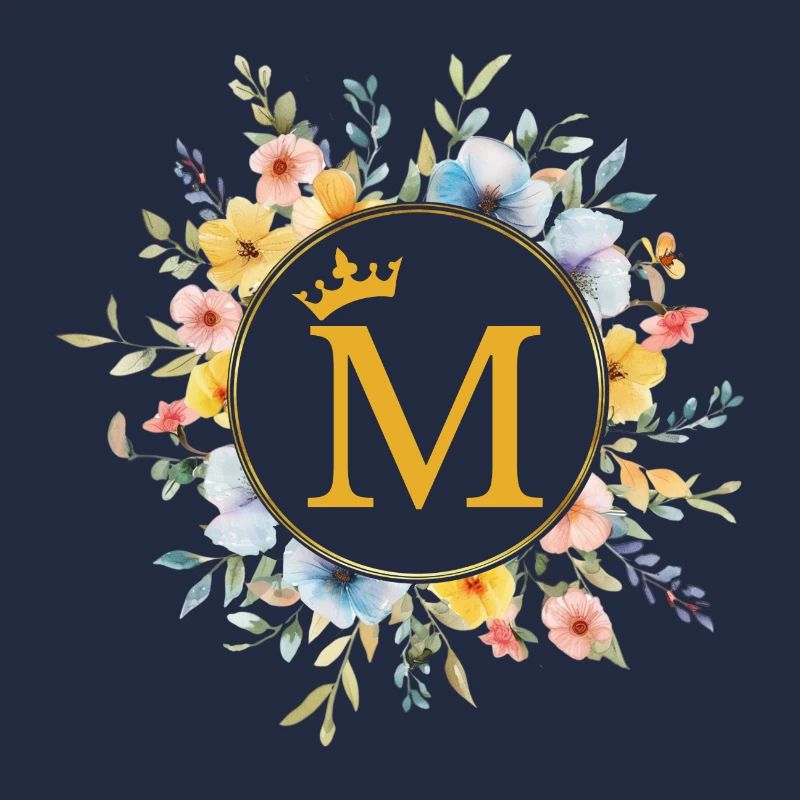 M Monogramm, Blumen-Kreis, personalisierbar