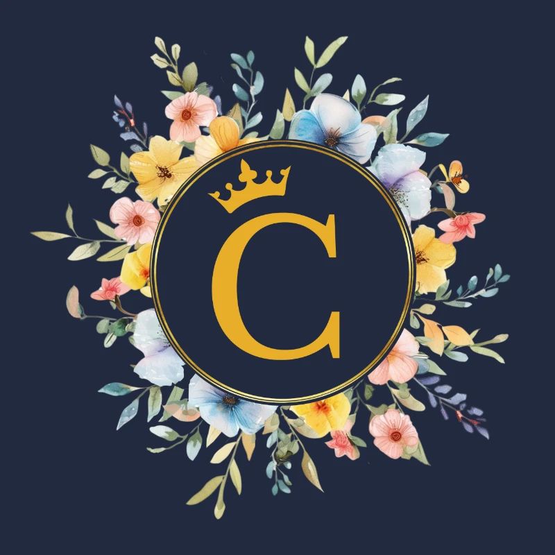 C Monogramm, Blumen-Kreis, personalisierbar