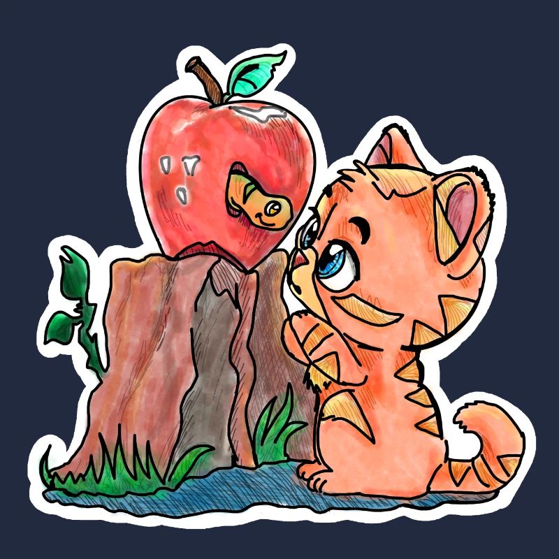 Le petit chaton et le ver dans la pomme