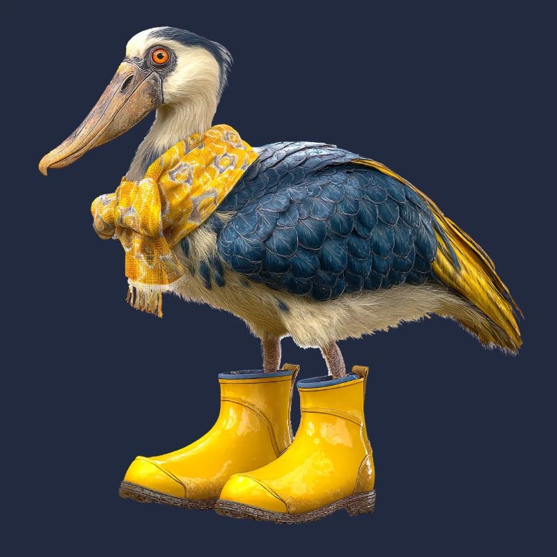 Creative shoebill bird in rubber boots