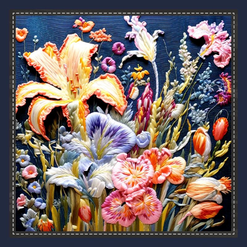 Floral pattern in embroidery technique on dark blue