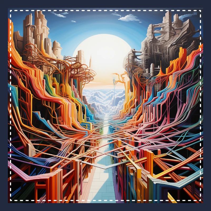 Futuristic landscape with colorful paths surreal