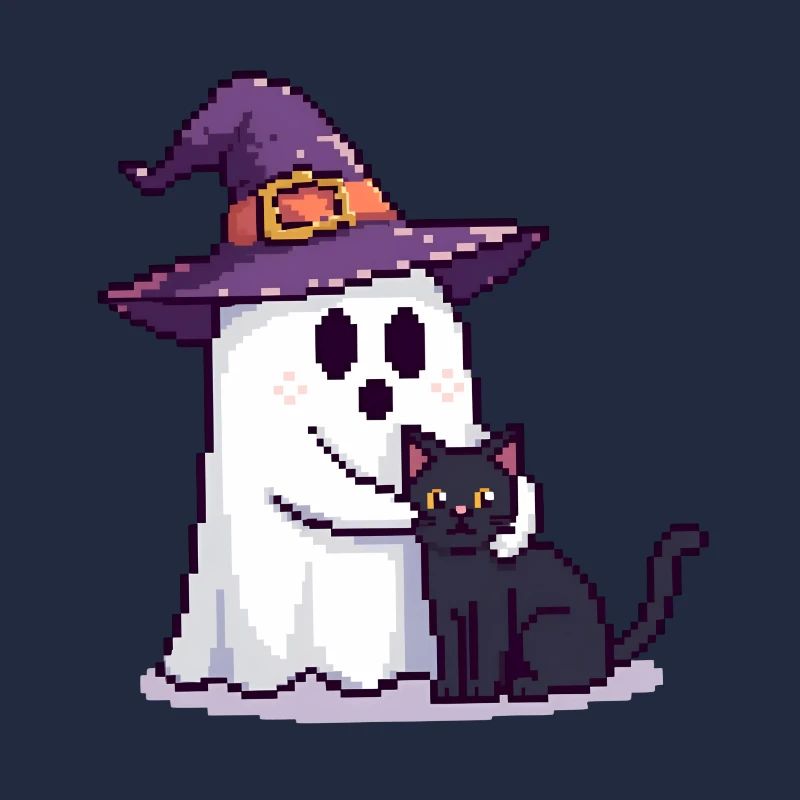 Pixel Geist mit Hexenhut & Katze – Halloween