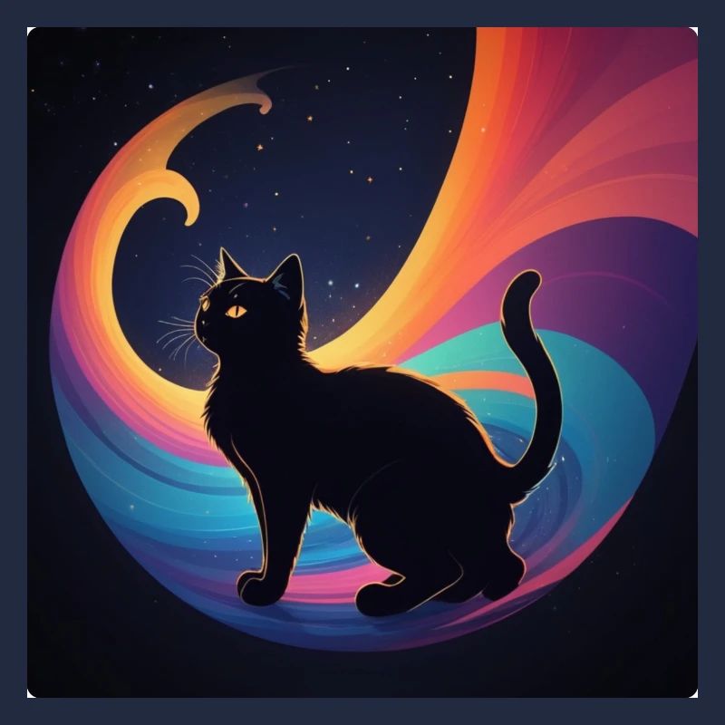 Chat noir devant les couleurs de l’arc-en-ciel