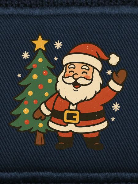 Fröhlicher Weihnachtsmann neben Baum