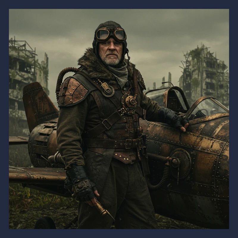 Steampunk-Pilot auf postapokalyptischen Ruinen