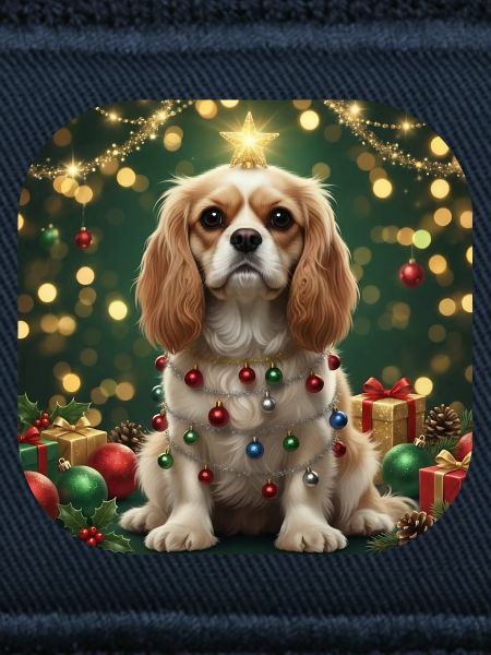 Festlicher Welpe unter Weihnachtslichterstern