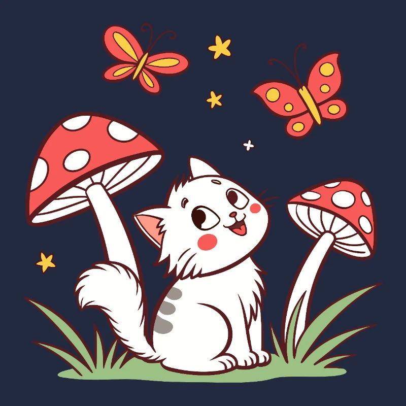 Verspielte Katze zwischen Pilzen