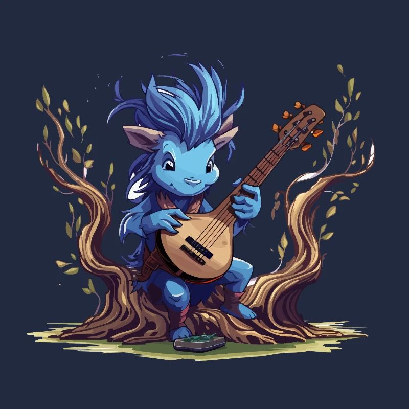 Lutin bleu avec luth dans la forêt