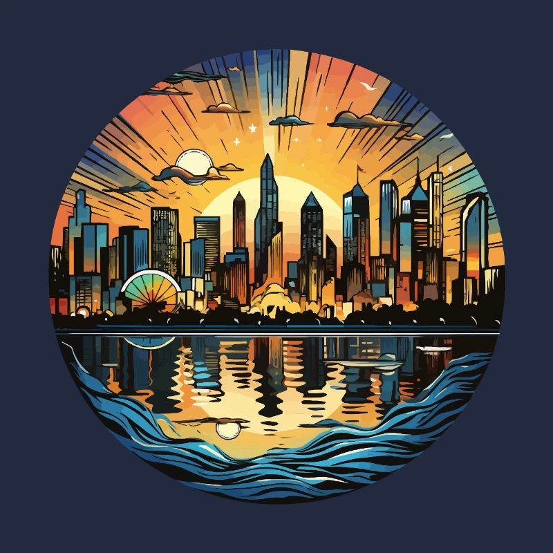 Sonnenuntergangsstadt am Wasser