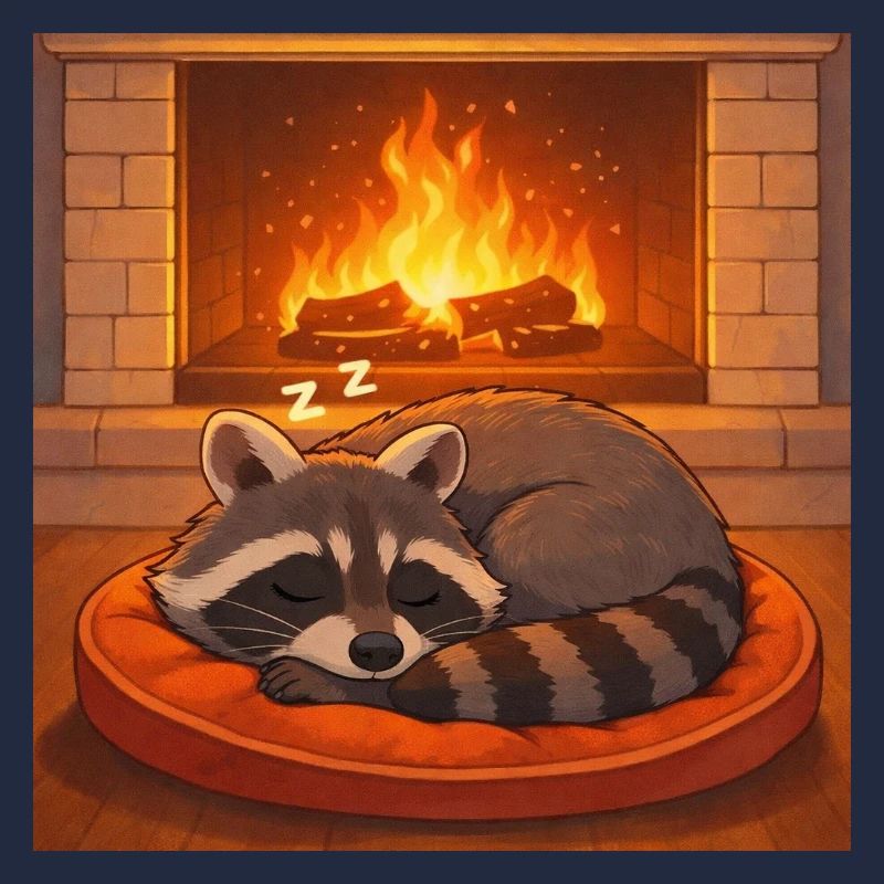 Gemütlicher Waschbär am Kamin