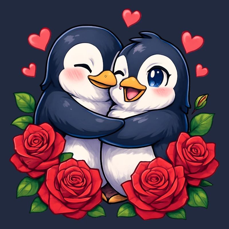 Cuddly penguins with rose heart