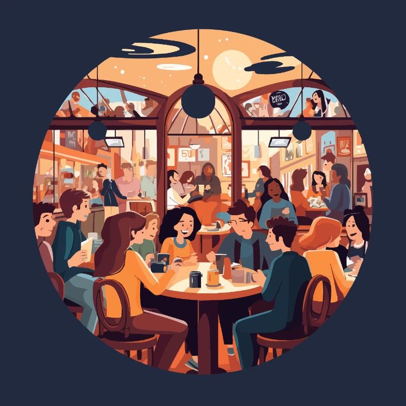 Conversations dans un café à la lumière du soir