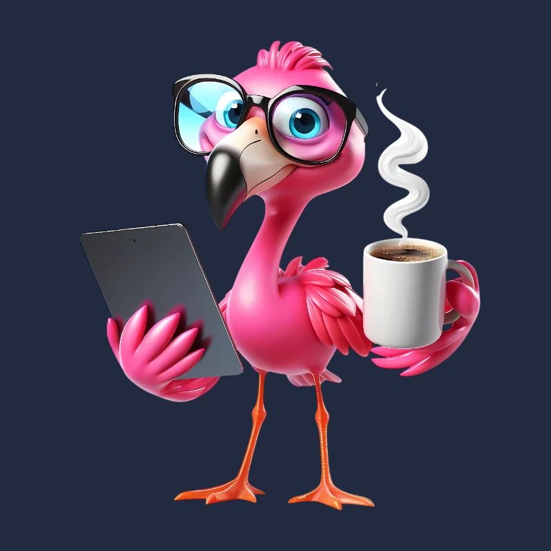 Flamant rose au bureau avec tablette et café