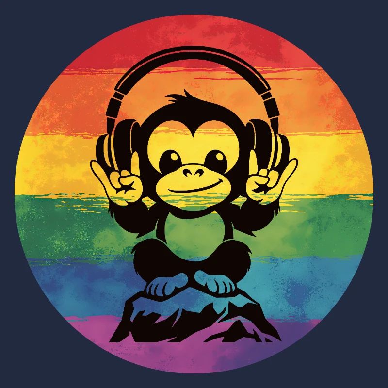 Regenbogen DJ Affe – Kopfhörer Rockhandzeichen