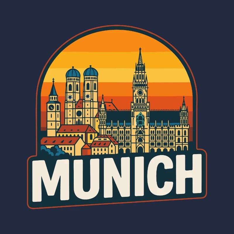 Munich Germany Retro Sunset Skyline Art