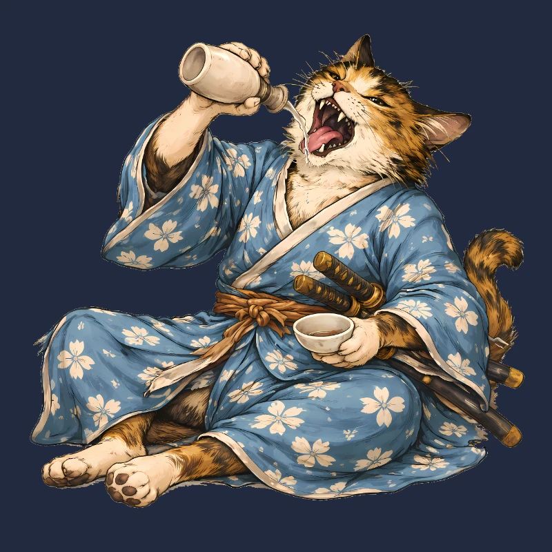 Samurai Cat Sake Japanese Ukiyo-e Style