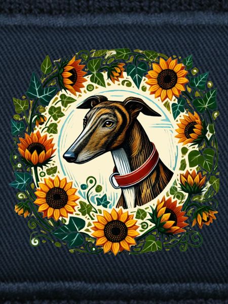 Windhund im Sonnenblumenring