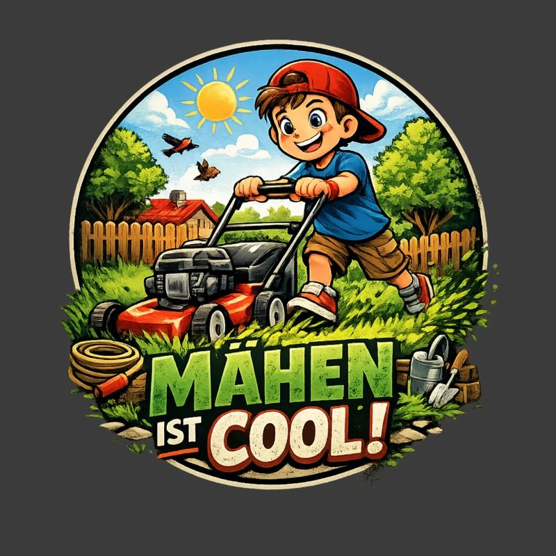 Mähen ist cool – Kind beim Rasenmähen
