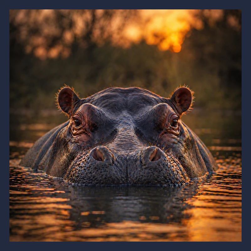 Coucher de soleil, hippopotame dans l’eau