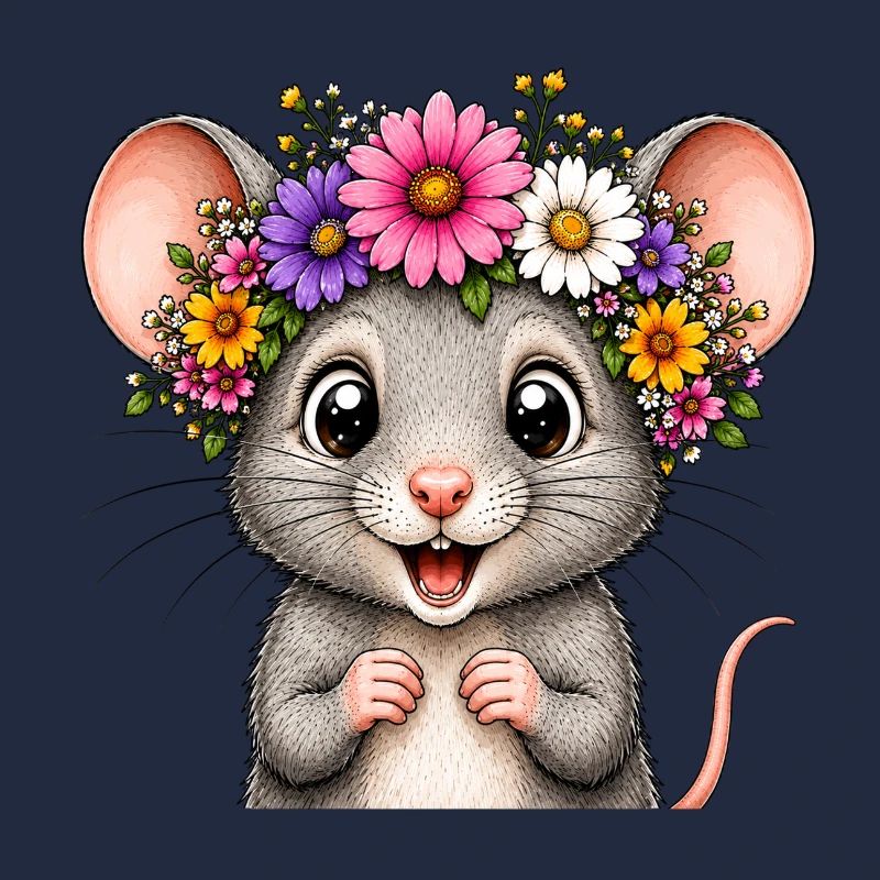 Fröhliche Maus mit Blumenschmuck 