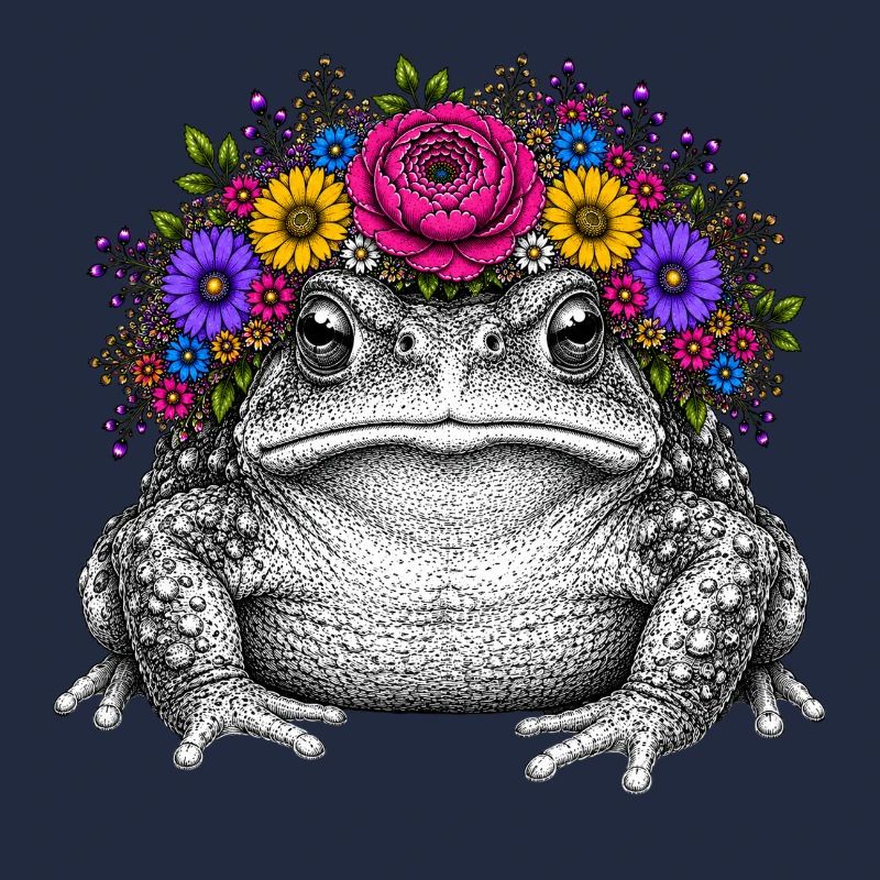 Crapaud avec couronne de fleurs