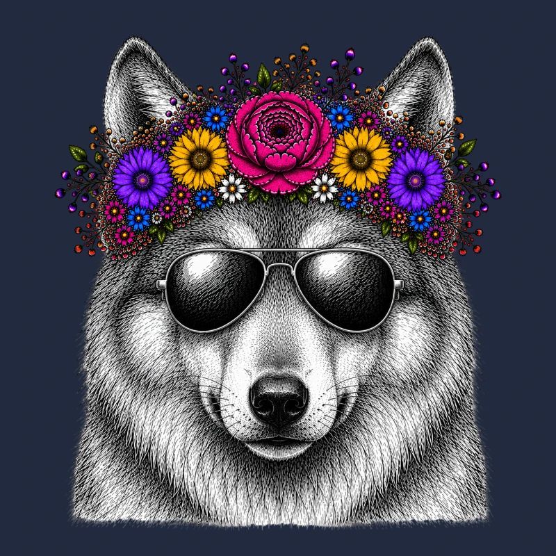 Wolf mit Blütenkranz und Sonnenbrille