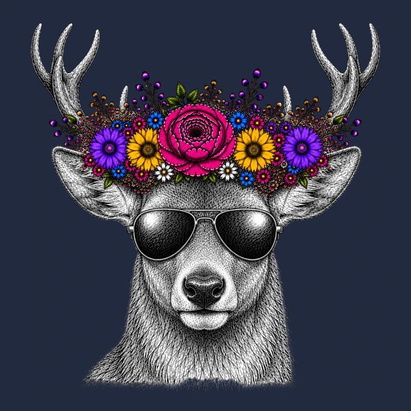 Hirsch mit Blumenkrone und Sonnenbrille