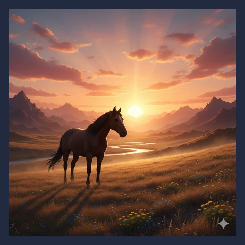 Cheval du coucher de soleil dans la vallée montagneuse