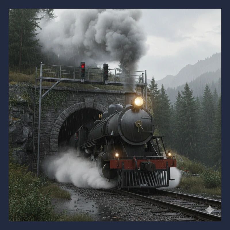 Dampfzug durch den Wald am Tunnel